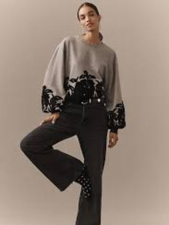 Anthropologie Sweaters - By Anthropologie Velvet Appliqué Sweatshirt  embroidery Pullover styling size M